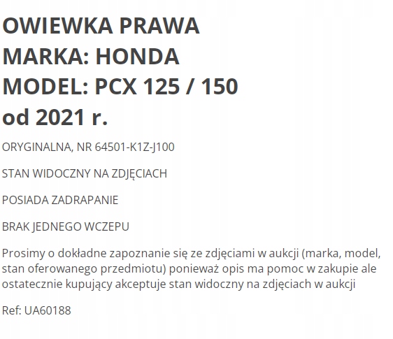 CÔTÉ DÉFLECTEUR D'AIR PROTECTION DROIT HONDA PCX 125 150 21+
