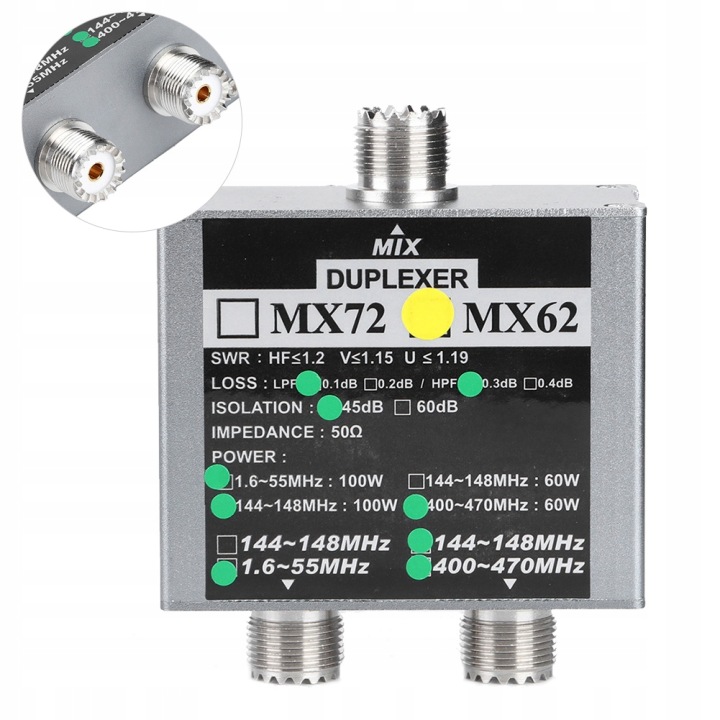 DUPLEKSER MX62 VHFUHF 144148 MHZ 400470 MHZ CONNECTEUR ANTEN O9