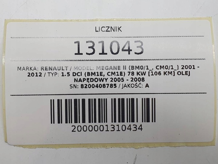 COMPTEUR TABLEAU DE BORD RENAULT MEGANE II 1.5 DCI EUROPE 8200408785