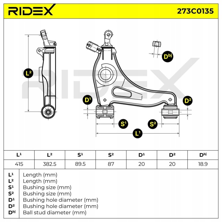 RIDEX 273C0135 BRAS DE SUSPENSION SUSPENSION ROUES AVANT DROITE BRAS DE SUSPENSION TRANSVERSAL