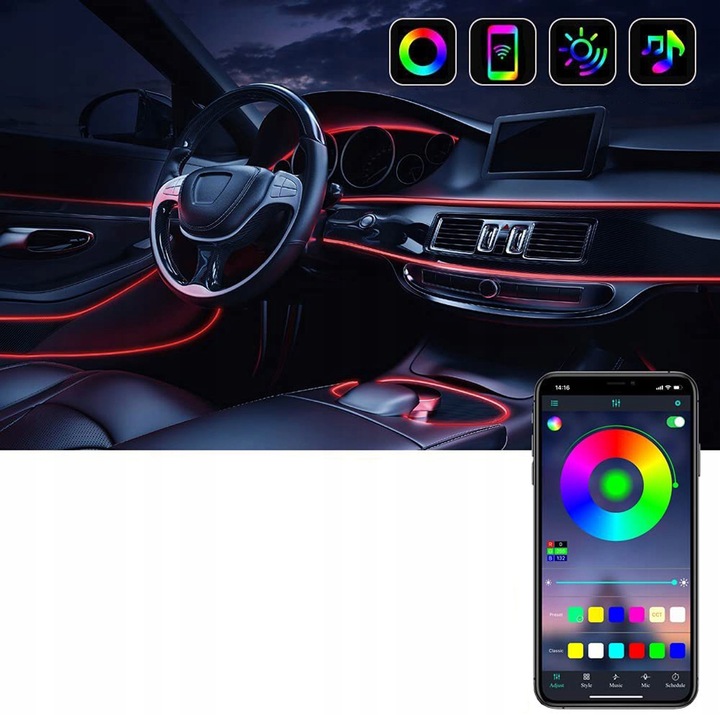 CABLE DE FIBRA ÓPTICA PARA COCHE AUTO ILUMINACIÓN CABINAS BRIDA 6M RGB + APLIKACJA 