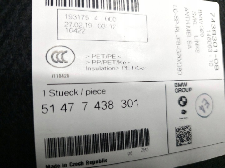 BMW 3 G20 G21 2019 INFÉRIEUR PANNEAU BOÎTE À GANTS ROUES DE RÉSERVE