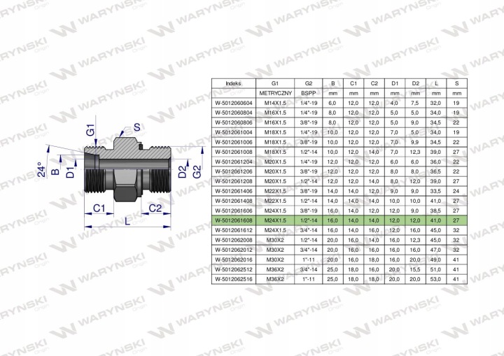 PRZYLACZE HYDRAULIQUE BB M24X1.5 X 1/2' WARYNSKI
