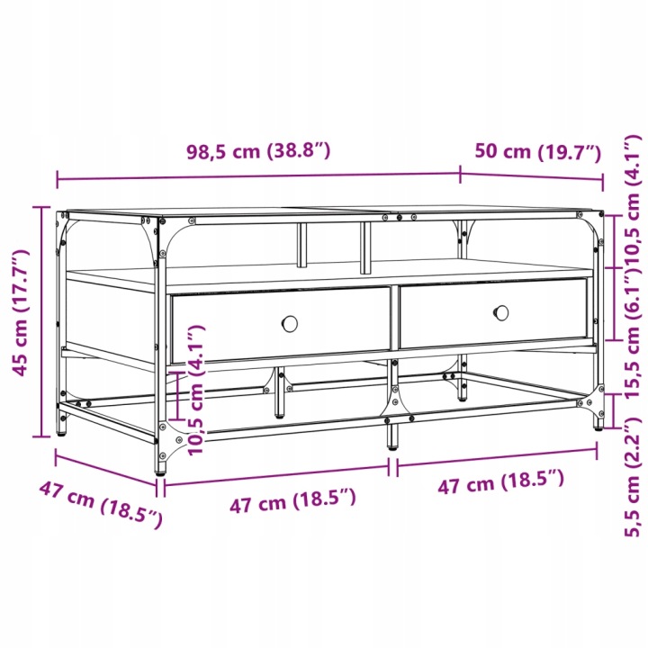 VIDAXL TABLE KAWOWY AVEC SZKLANYM BLATEM, DAB SONOMA, 98,5X50X45 CM