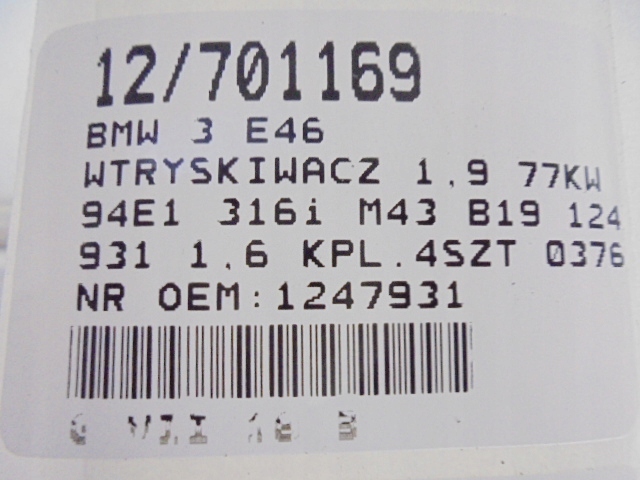 BMW 3 E46 INJECTEURS 1247931 1,6 KPL.4SZT 03768FA