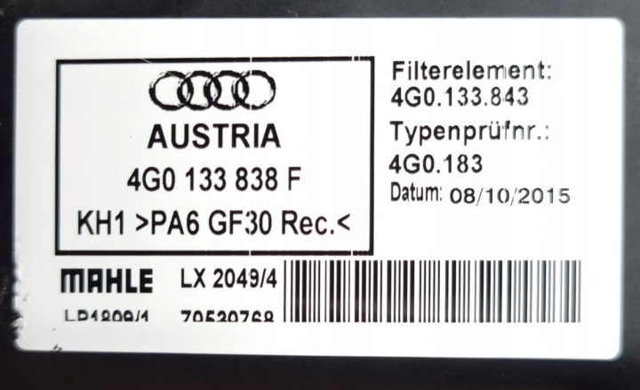 CHÂSSIS FILTRE AIR AUDI A6 A7 4G 3.0 TDI 4G0133838F