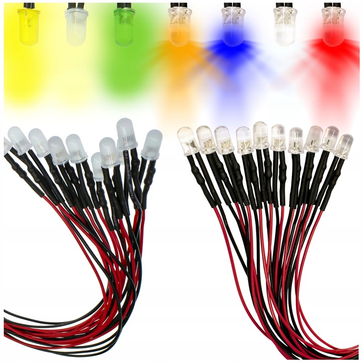 DIODOS DIODO LUMINOSO LED 12V 5MM 8 COLORES CABLE 20CM 10SZT 