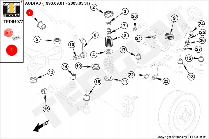 POLIURETANOWA TULEJA, ESTABILIZADOR PRZOD, WEWNATRZ, AUDI A3, TT SEAT LEON, 