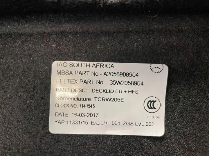 2016 MERCEDES-BENZ C W205 GARNITURE COUVERCLES DE COFFRE COUVERCLES DE COFFRE A2056908904