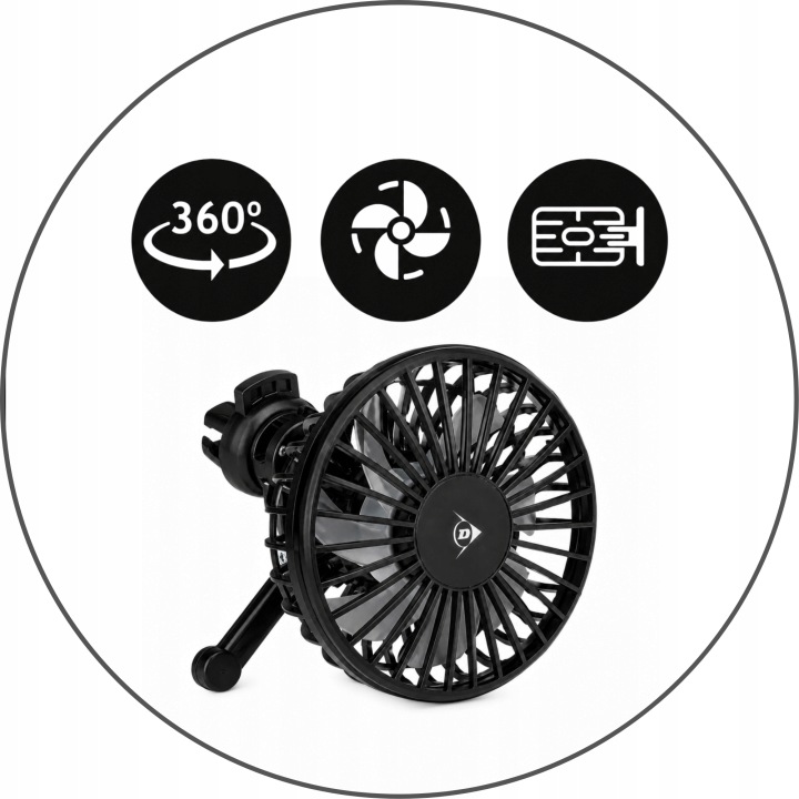 VENTILATEUR AUTOMOBILE USB DUNLOP 360° 3 VITESSE VERS GRILLES CONDUIT D'AIR