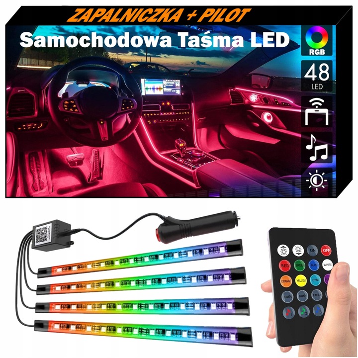 CINTA DIOPARA LUMINOSO LED PARA COCHE RGB LEDY VERSIÓN ENCENDEDOR + CONTROL REMOTO 4W1 JUEGO 