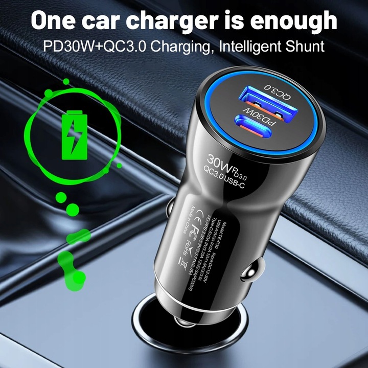 30W PD QC 3.0 FLASH CAR CHARGER FAST CHARGING USB C CHARGING PARA APPLE 