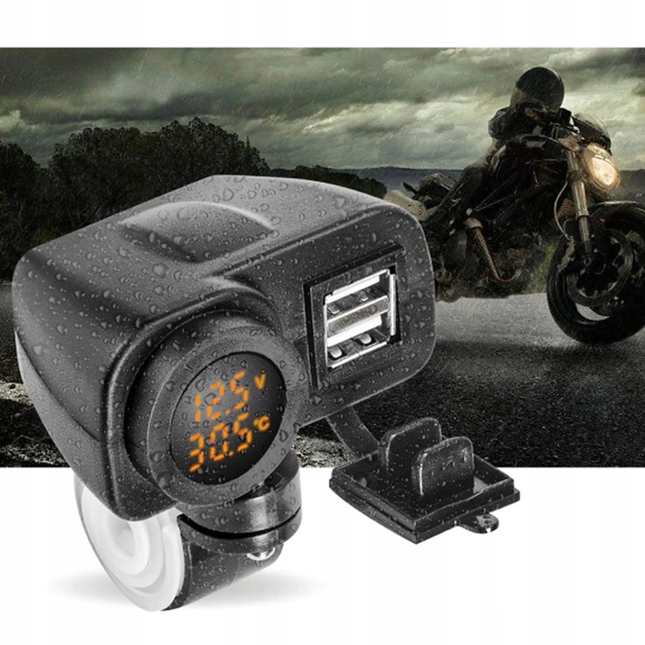 DISPOSITIVO DE CARGA MOTOCICLETA VOLTÍMETRO TERMO 2 PIEZAS USB 3W1 