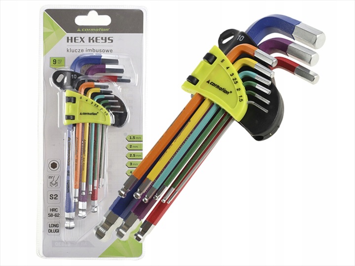 CLÉS IMBUSOWE KULISTE LONG 180 MM 9 PCS 1,5-10 MM COLORÉ ACIER S2 HEX