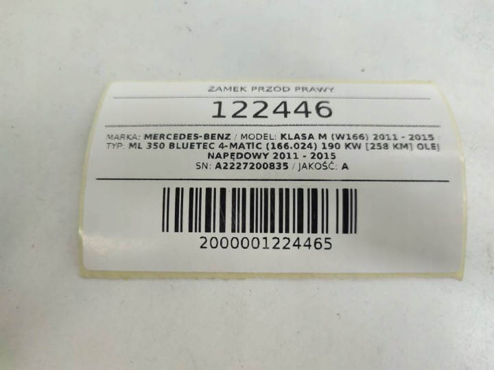 SERRURE AVANT DROIT PORTES POIGNÉE DOCIAG MERCEDES W166 ML A2227200835