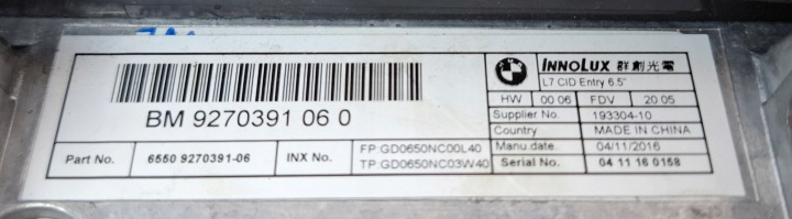 BMW 1 F20 F21 WTSWIETLACZ ÉCRAN L7 ENTRY CID 6.5″ 9270391 65509270391