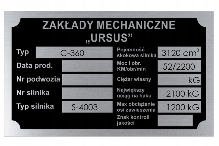 PLATE INFORMATION CODE URSUS C 360 C360 - WYBITA 