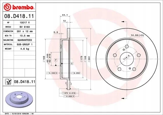 BREMBO 08.D418.11 DISCO DE FRENADO PARTE TRASERA 