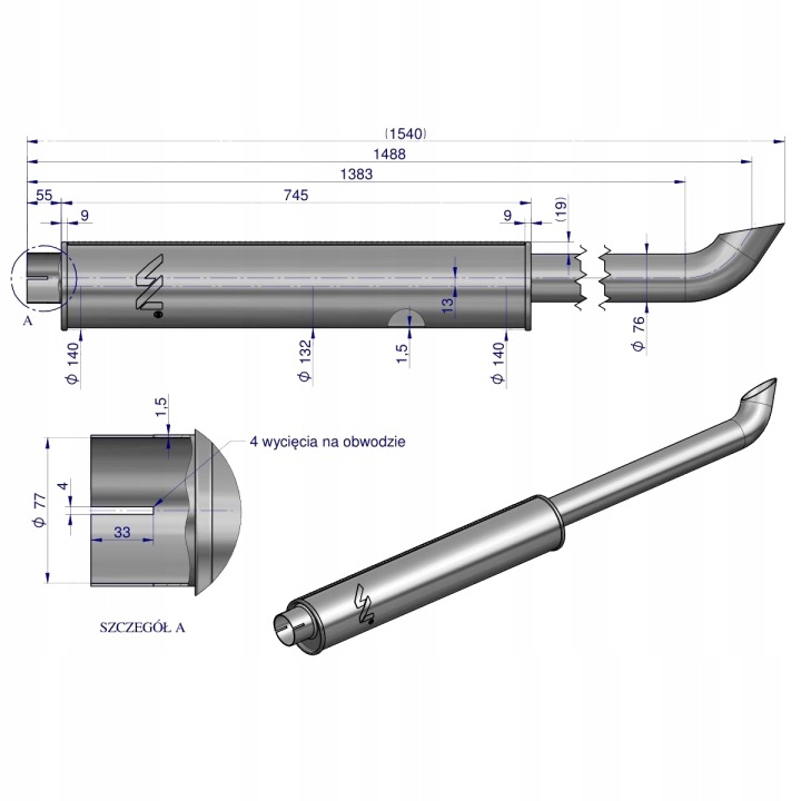 SILENCIEUX 1540MM INOX RENAULT 7700519155 7700641942 WARYNSKI