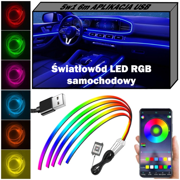 CABLE DE FIBRA ÓPTICA DIOPARA LUMINOSO LED PARA COCHE RGB VERSIÓN AL USB 6M AMBIENT EL WIRE 5W1 JUEGO 