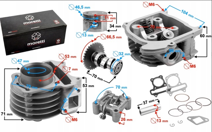 CILINDRAS I GALVUTĖ 80CC MORETTI : SKUTERIO GY6 nuotrauka 1