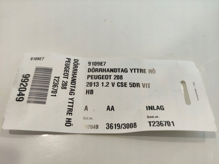 PEUGEOT 308 POIGNÉE EXTÉRIEUR PORTES GAUCHE ARRIÈRE 9109E7