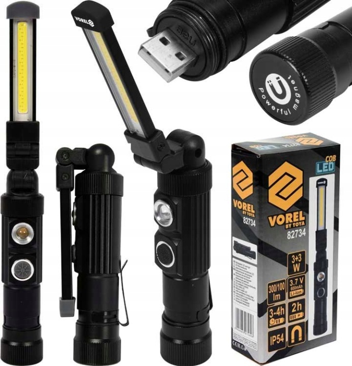 PHARE LAMPE DE POCHE AKUMULATOROWA ATELIER COB LED 3W 300LM ALUMINIUM