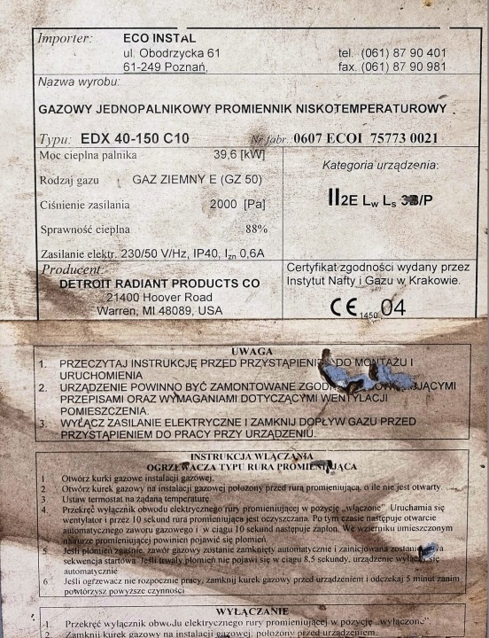 GAZEUX POSTCOMBUSTION RUROWY EDX 40-150 C10 POÊLE CHAUFFAGE MADE IN USA