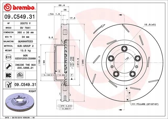 BREMBO 09.C549.31 DISCO DE FRENADO PARTE DELANTERA DERECHA 