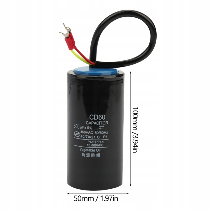 CONDENSATEUR MOTEUR POMPES 450V 300UF CD60 FILM DÉMARREUR 50X100MM