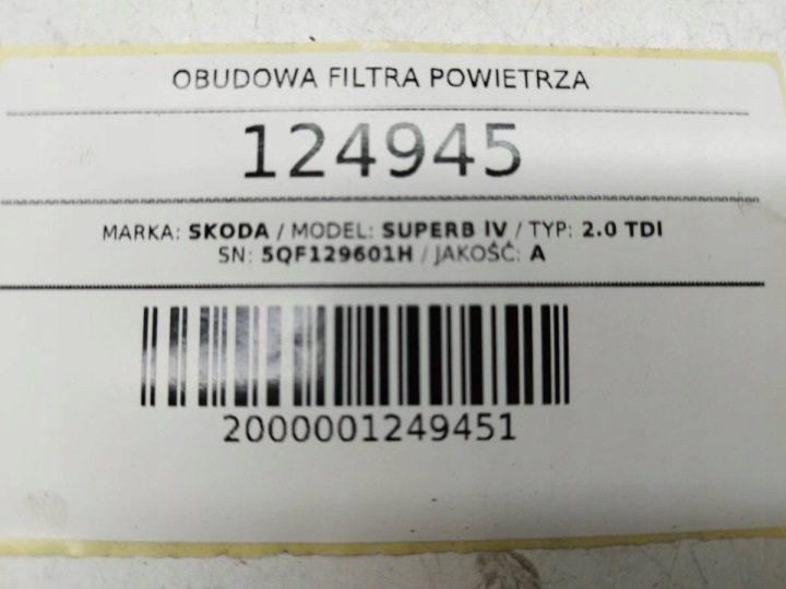 CHÂSSIS FILTRE AIR SKODA SUPERB IV 2.0 TDI 5QF129601H
