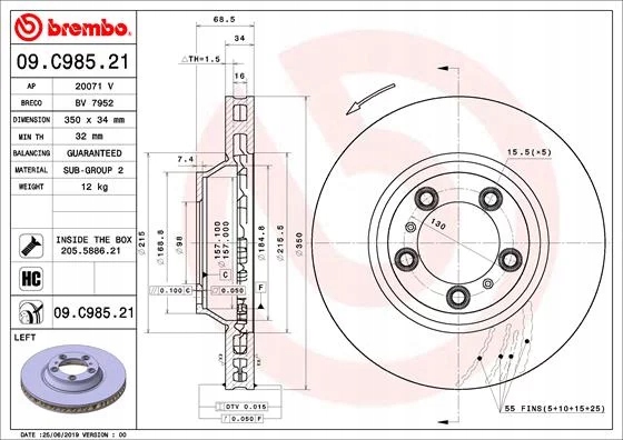 BREMBO 09.C985.21 DISCO DE FRENADO PARTE DELANTERA IZQUIERDA 