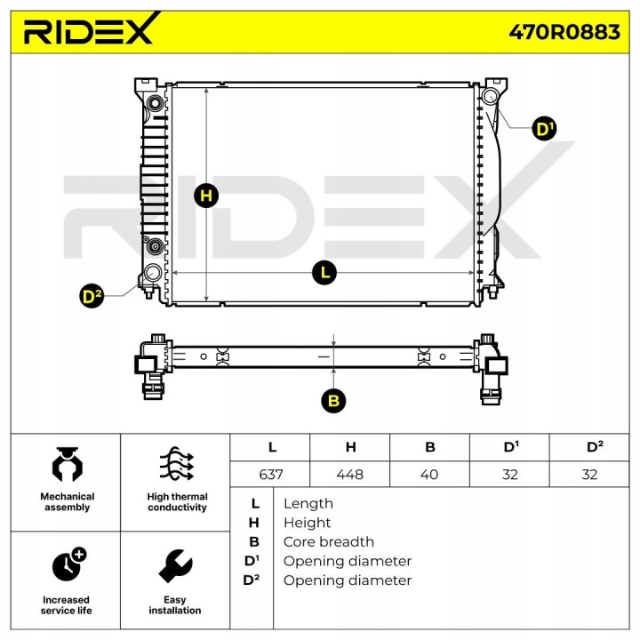 RADIATEUR EAU RIDEX 470R0883 VERS AUDI A4 AVANT (8ED, B7) A4 AVANT (8E5, B6)