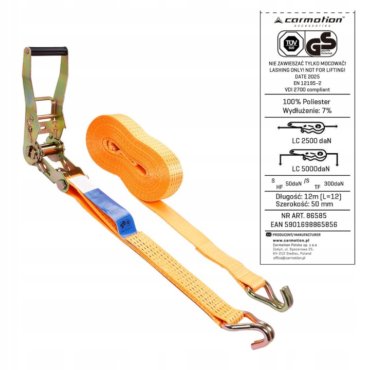 COURROIE DE TRANSPORT AVEC TENDEUR 50 MM ENSEMBLE MAXIMAL 5000 KG, 12 M, ATESTOWANY