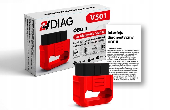 24DIAG V501 ELM327 BLUETOOTH 5.0 OBD2 INTERFEJS DIAGNOSTYCZNY iOS ANDROID