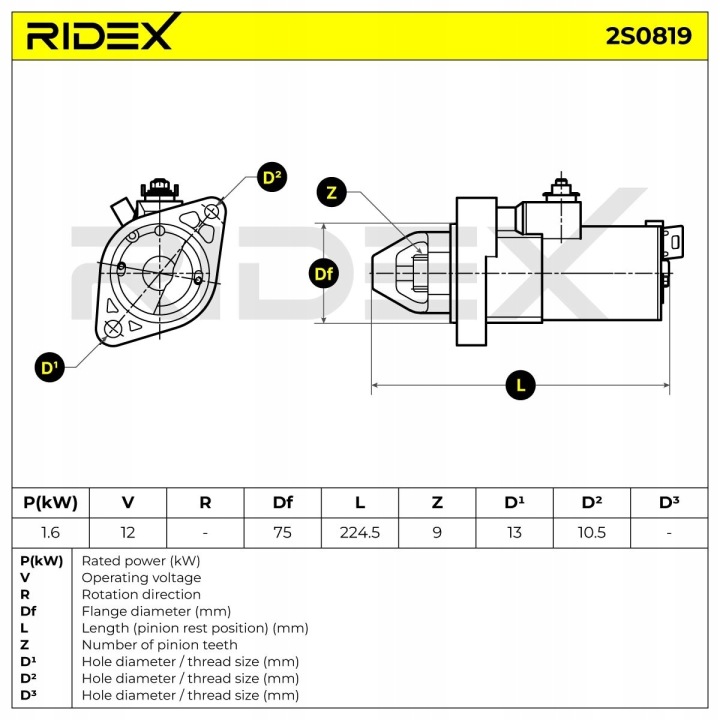 DÉMARREUR RIDEX 2S0819 1,6KW 12V VERS HONDA CIVIC VIII BERLINE COMPACTE (FN, FK)