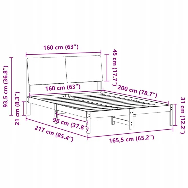 VIDAXL CHÂSSIS ROULEMENTS BRAZOWO-CZARNA 160 X 200 CM LITE BOIS SOSNOWE