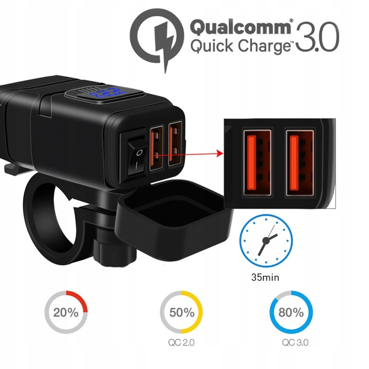 DISPOSITIVO DE CARGA BLOQUE DE ALIMENTACIÓN 2XUSB QC3.0 VOLTÍMETRO BOTÓN 