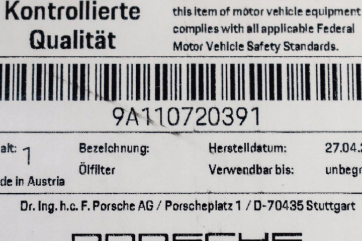 FILTRE HUILES MOTEUR PORSCHE 911 991 GT3 0PB115351 NEUF ORIGINAL
