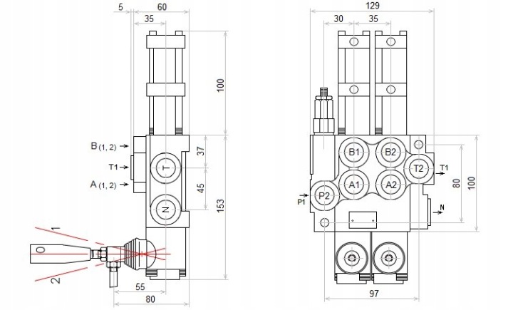 DISTRIBUTEUR HYDRAULIQUE 2 SECTIONNEL 40L STEROWANY PNEUMATIQUE BADESTNOST