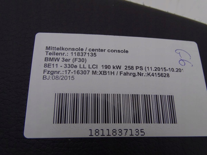BMW 3 F30 F31 11-18 TUNNEL CENTRAL ACCOUDOIR NOIRE CUIR EUROPE 9360528