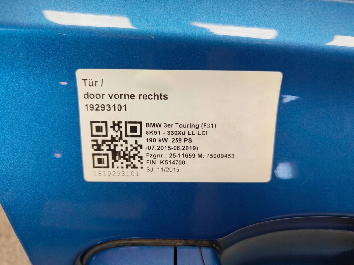 BMW F30 F31 PORTES DROIT AVANT DROIT AVANT B45 ESTORILBLAU