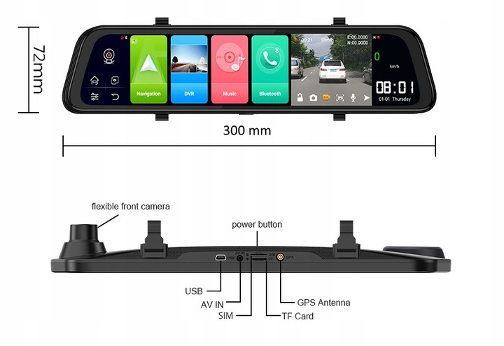 CÁMARA RETROVISOR DE AUTOMÓVIL AUTO NAVEGACIÓN GRABADORA DE VÍDEO ESPEJO WIFI GPS LTE 