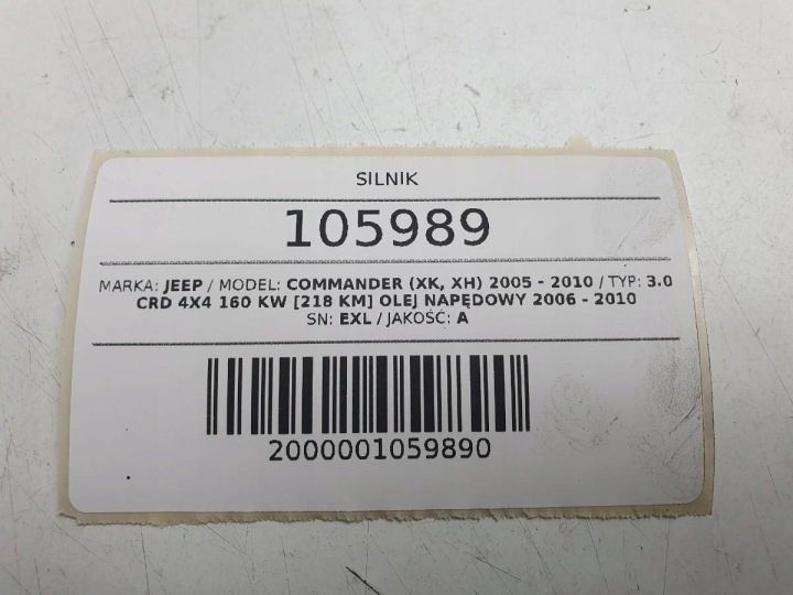 MOTEUR BLOC PISTON ARBRE POTEAU 3.0 CRD JEEP COMMANDER EXL