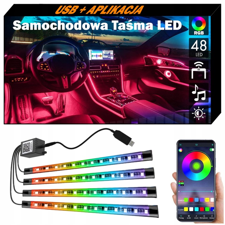 CINTA DIOPARA LUMINOSO LED PARA COCHE RGB LEDY VERSIÓN USB + APLIKACJA 4W1 JUEGO 