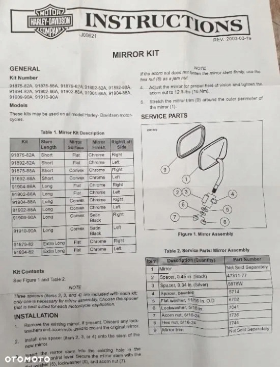 ORIGINE RÉTROVISEUR DROIT HARLEY DAVIDSON 91982-98A