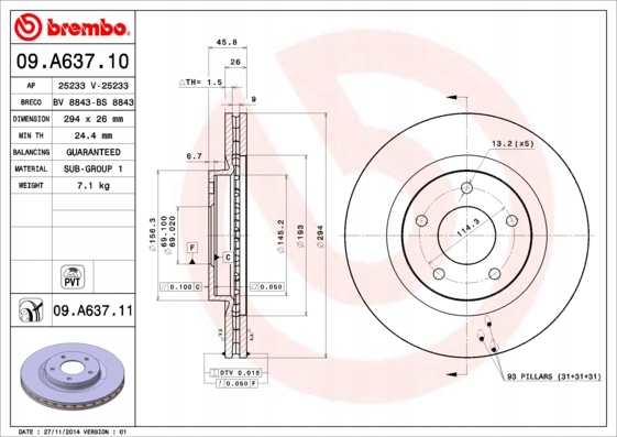 DISCOS ZAPATAS PARTE DELANTERA BREMBO DODGE AVENGER 