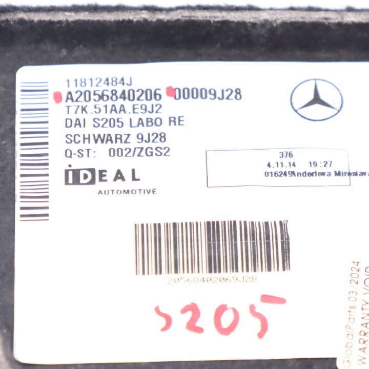 MERCEDES W205 PROTECTION BOUCHON COUVERCLES DE COFFRE DROITE A2056840206