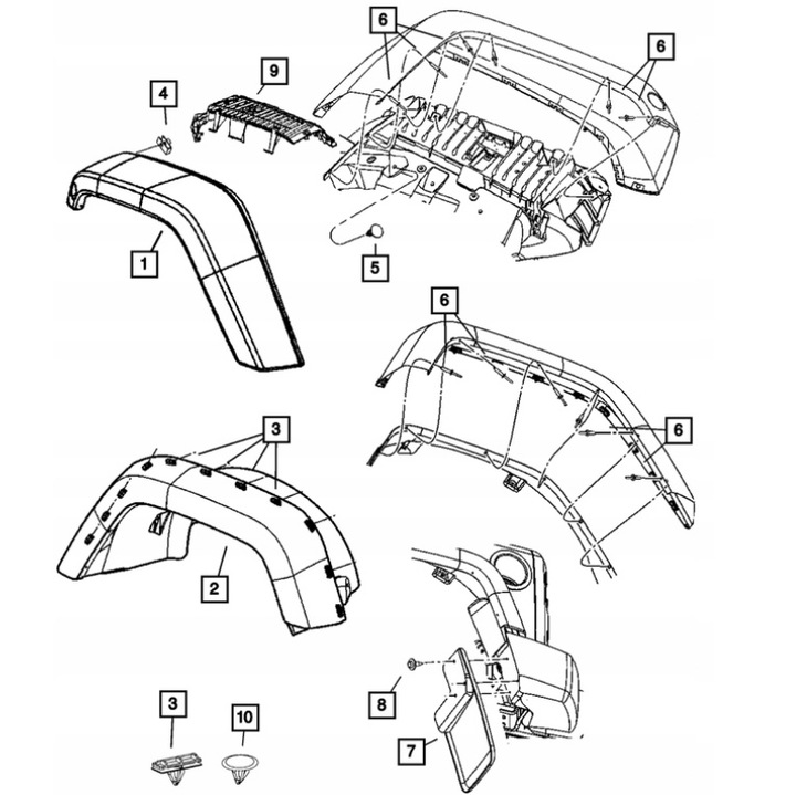 JEEP WRANGLER CLAMPS KLIPSY MOCUJACE TRIMS WING / MUDGUARDS 10 PIECES 