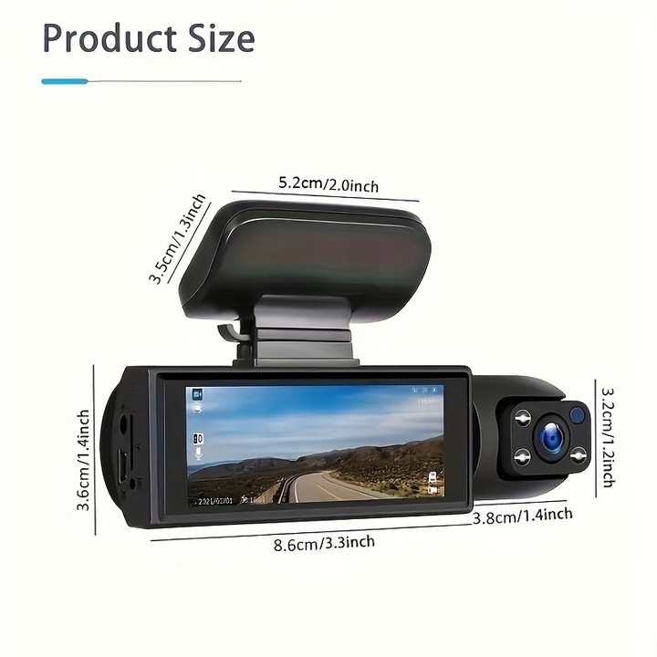3.16inch Dash Cam 1080P HD Night Vision Loop Recording Wide Angle Car DVR